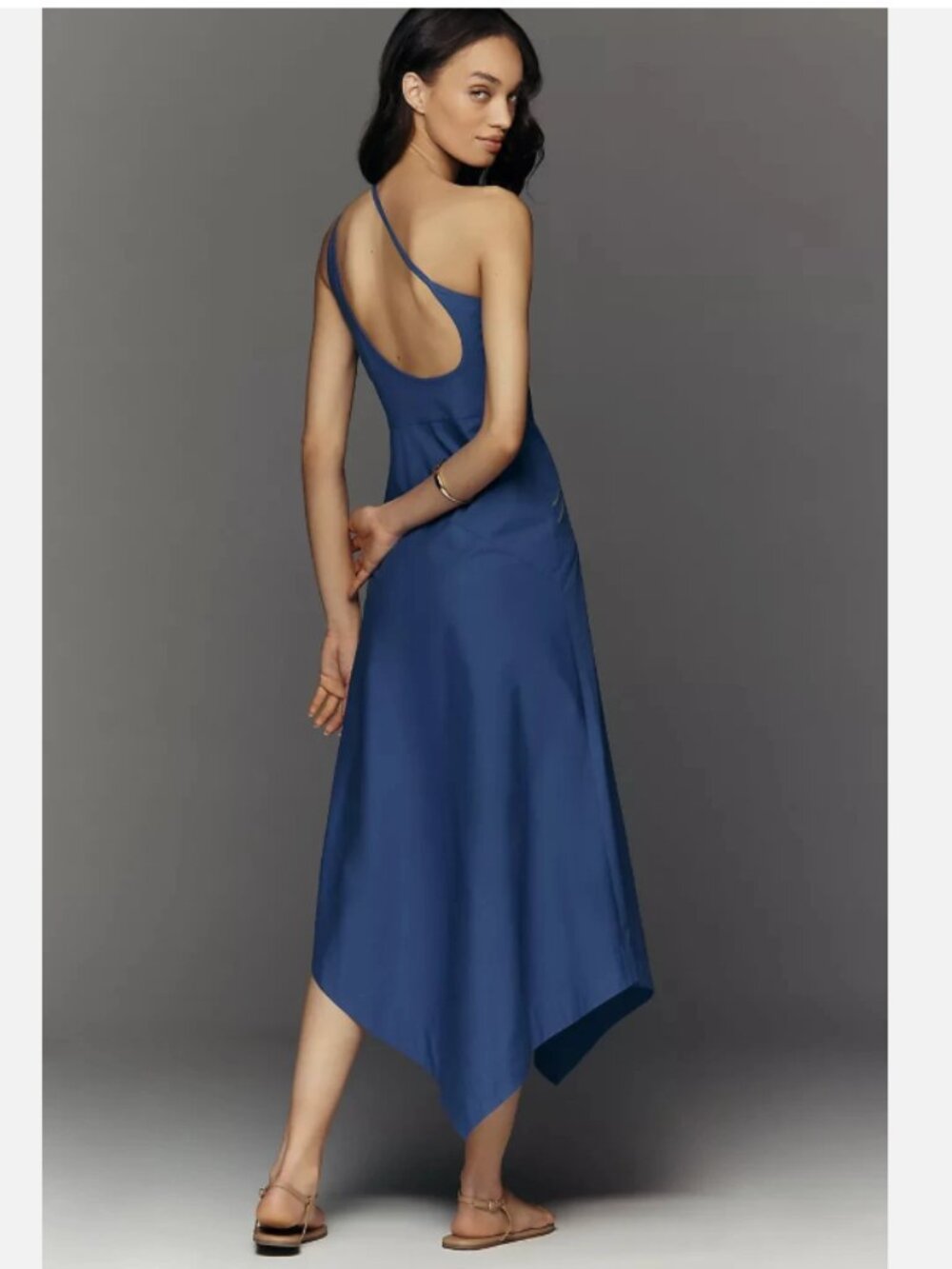 Anthropologie Blue Asymmetric Midi Dress with Yellow Floral Applique - Picture 4 of 8